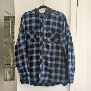 Blue Hooded Flannel Plaid Top Jacket